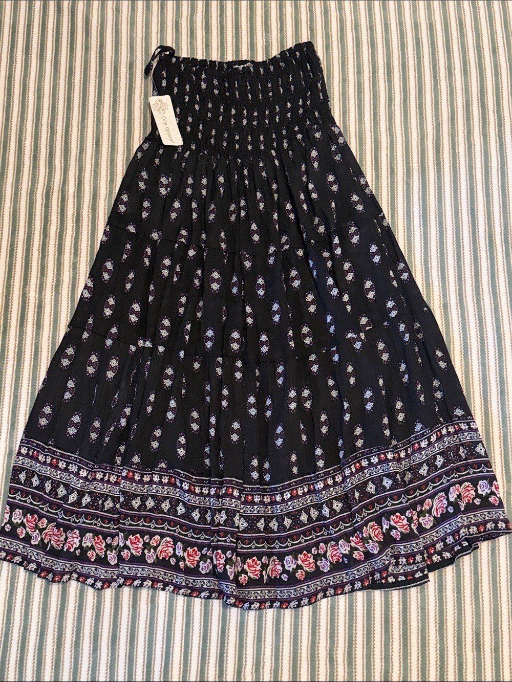 Cute Options Strapless Smocked Midi Dress in Black with Floral Border